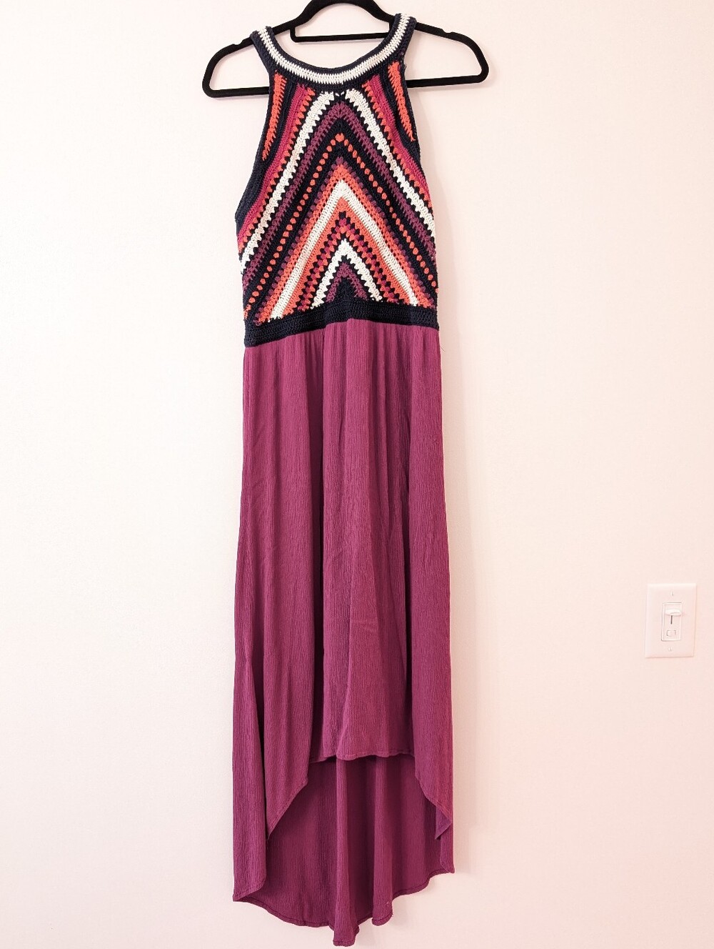 Sangria Crochet Halter Hi Low Hem Dress